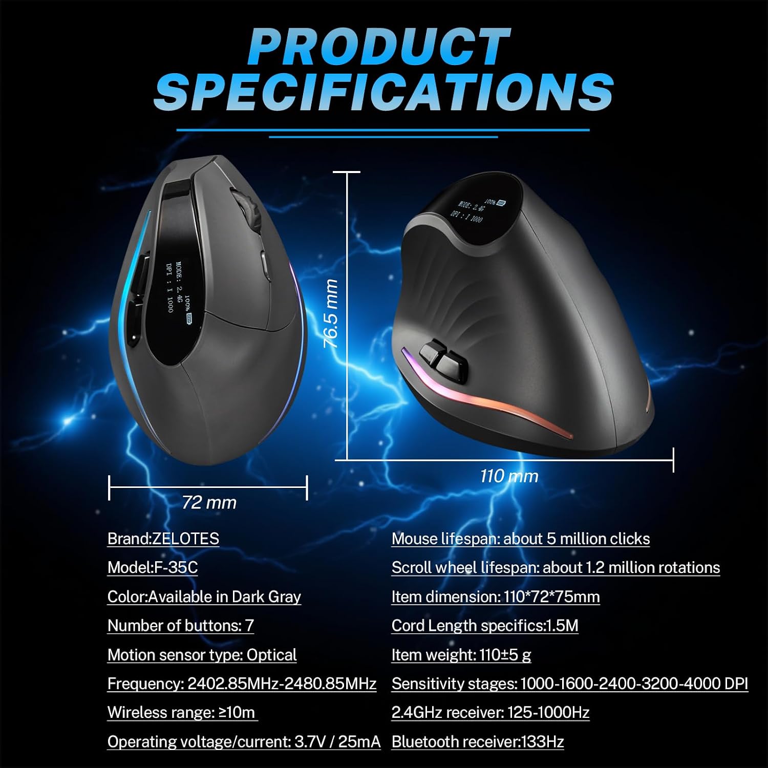 Gaming Mouse with Display, Wireless Vertical Ergonomic Mouse with Tri-Mode Connectivity, 7 Programmable RGB Buttons, 4000 DPI, Rechargeable for PC Laptop Mac - Image 9