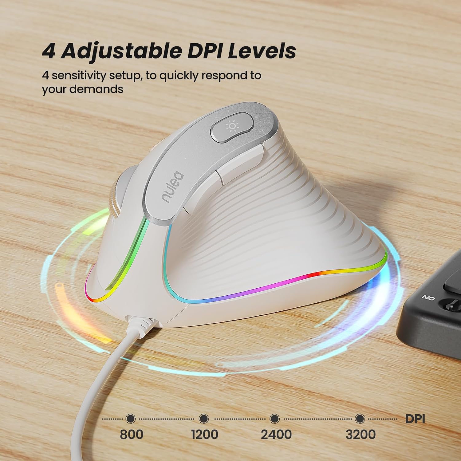 Nulea M504 Wired Vertical Mouse, USB Optical Ergonomic Mouse Wired with 4 Adjustable DPI, 11 RGB Backlight Modes, Compatible for Laptop, PC, Desktop, Mac, Black - Image 6