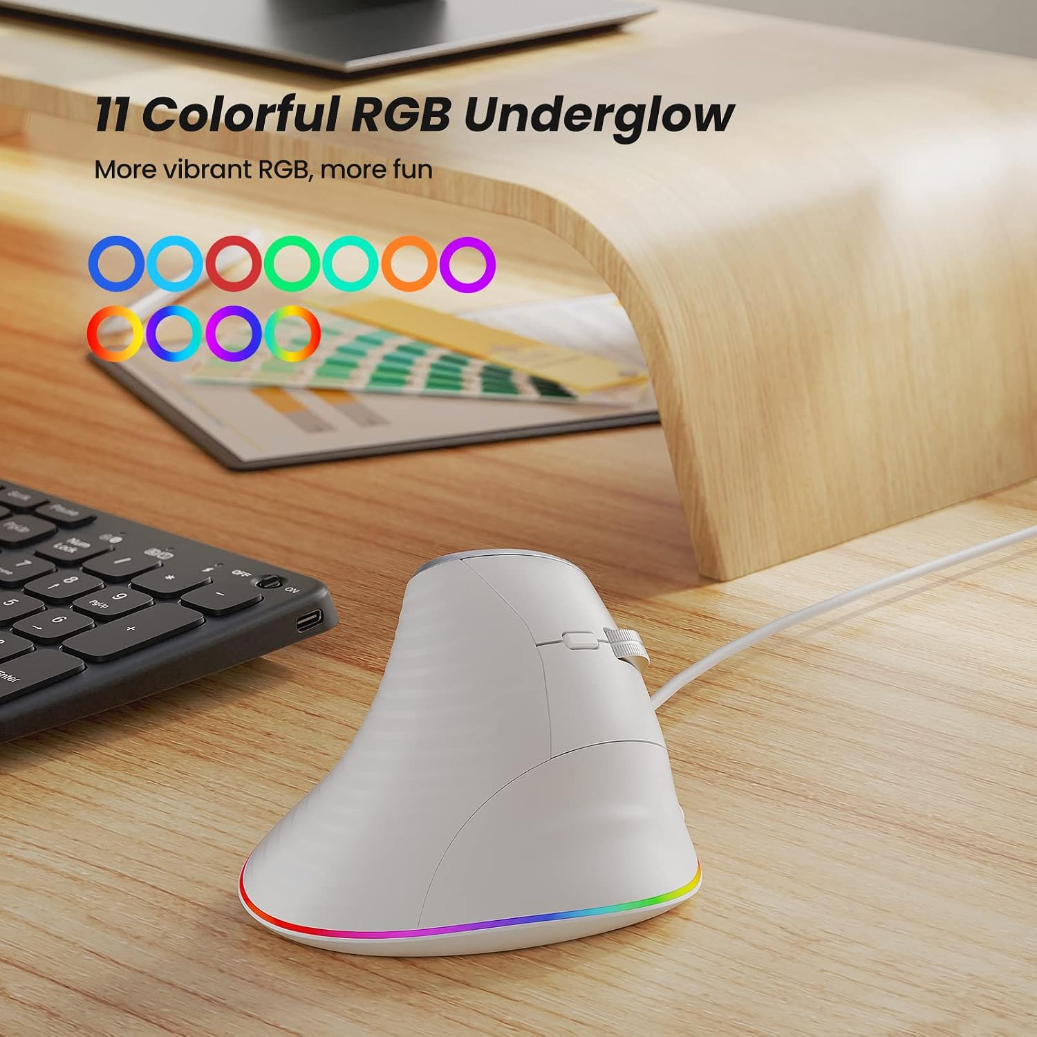 Nulea M504 Wired Vertical Mouse, USB Optical Ergonomic Mouse Wired with 4 Adjustable DPI, 11 RGB Backlight Modes, Compatible for Laptop, PC, Desktop, Mac, Black - Image 7