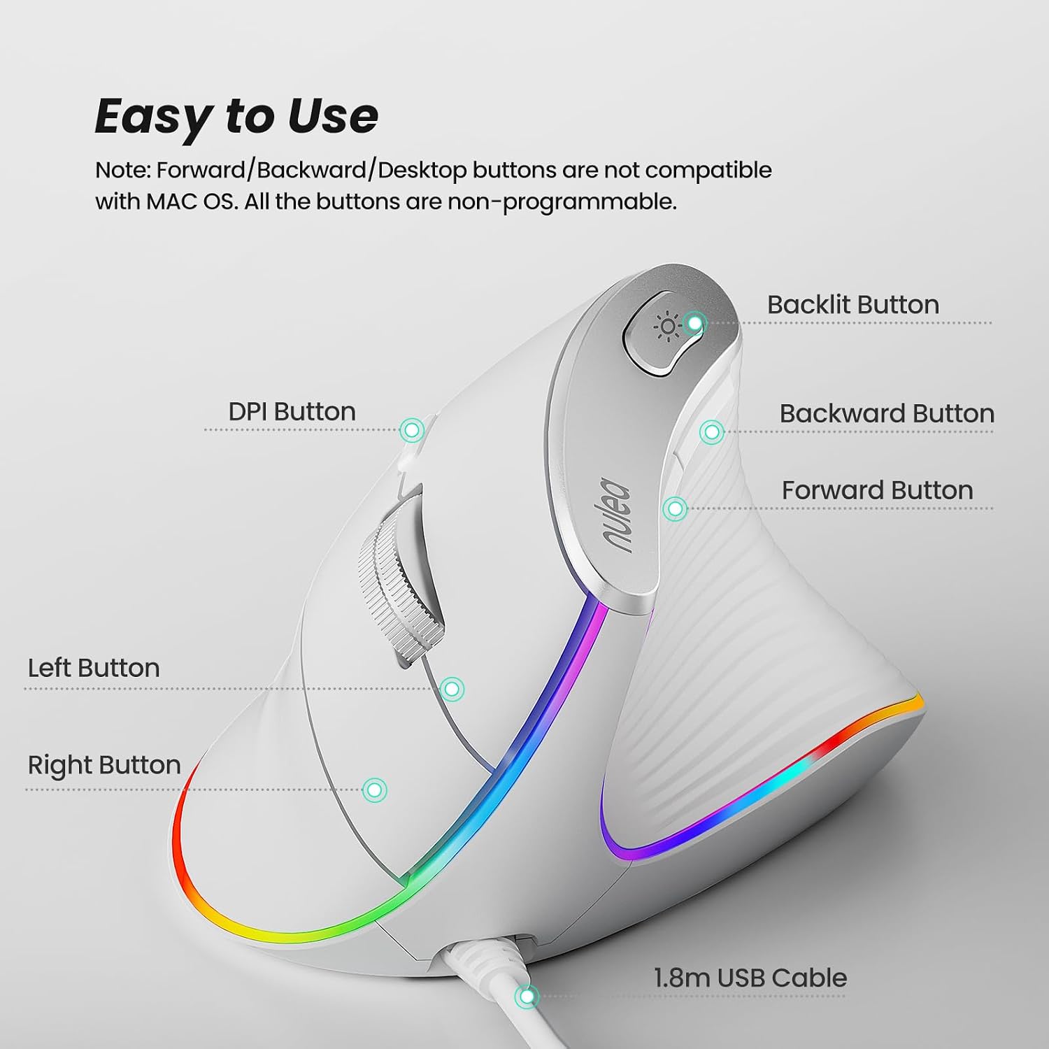 Nulea M504 Wired Vertical Mouse, USB Ergonomic Optical Mouse with 4 Adjustable DPI, 11 RGB Backlight Modes, Compatible for Laptop, PC, Desktop, Mac, White - Image 4